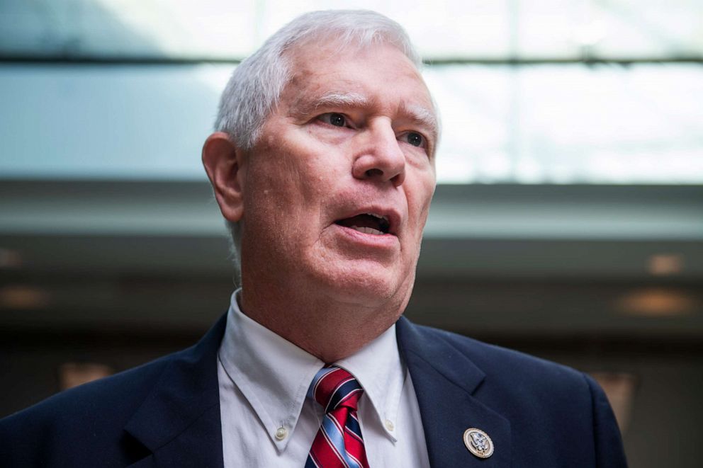PHOTO: Rep. Mo Brooks talks with reporters in the Capitol Visitor Center in Washington, D.C., October 23, 2019.