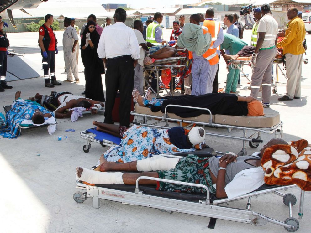 PHOTO: Critically wounded people in Mogadishu wait to be moved into a waiting Turkish plane to be airlifted for treatment to Turkey from Somalia, Oct. 16, 201, after a truck bomb attack left hundreds dead on Oct. 14.