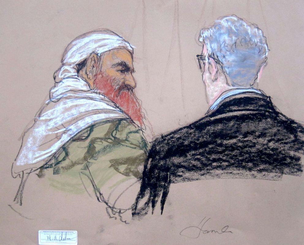PHOTO: Defendant Khalid Sheikh Mohammed, left, speaks with lead defense lawyer David Nevin during a pretrial hearing at the Guantanamo Bay U.S. Naval Base in Cuba, April 14, 2014.