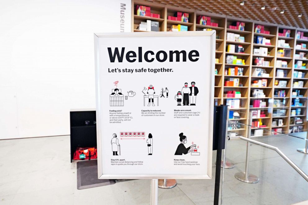 PHOTO: The Museum of Modern Art prepares to reopen to the public on Aug. 27 by displaying specially commissioned "Let's Stay Safe Together" graphic illustrations on Aug. 20, 2020, in New York City.