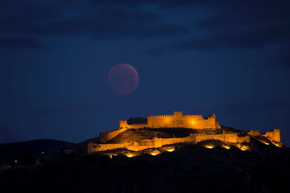 PHOTO: The Super moon sets over Larissa, the ancient and medieval acropolis of Argos, one of the oldest cities in the world, Jan. 21, 2019.