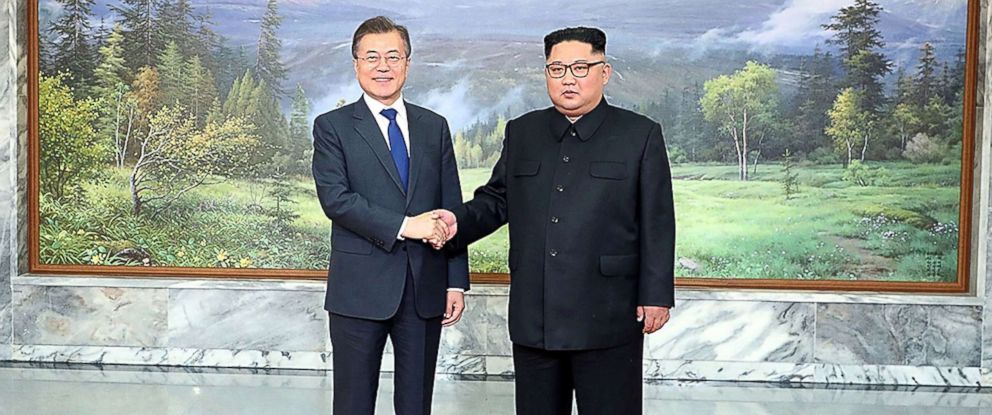 PHOTO: South Korean President Moon Jae-in (L) shakes hands with North Korean leader Kim Jong Un (R) before their meeting on May 26, 2018 in Panmunjom, North Korea, May 26, 2018.