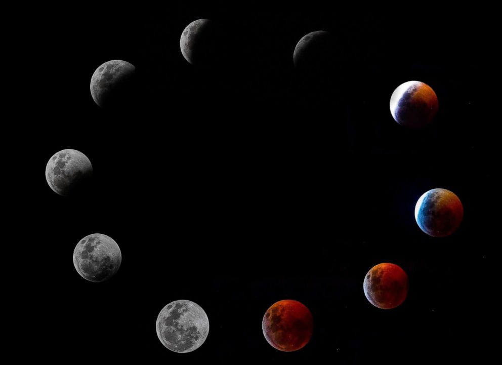 PHOTO: A composite photo shows all the phases of Super Blood Wolf Moon total lunar eclipse, Jan. 20, 2019 in Panama City.