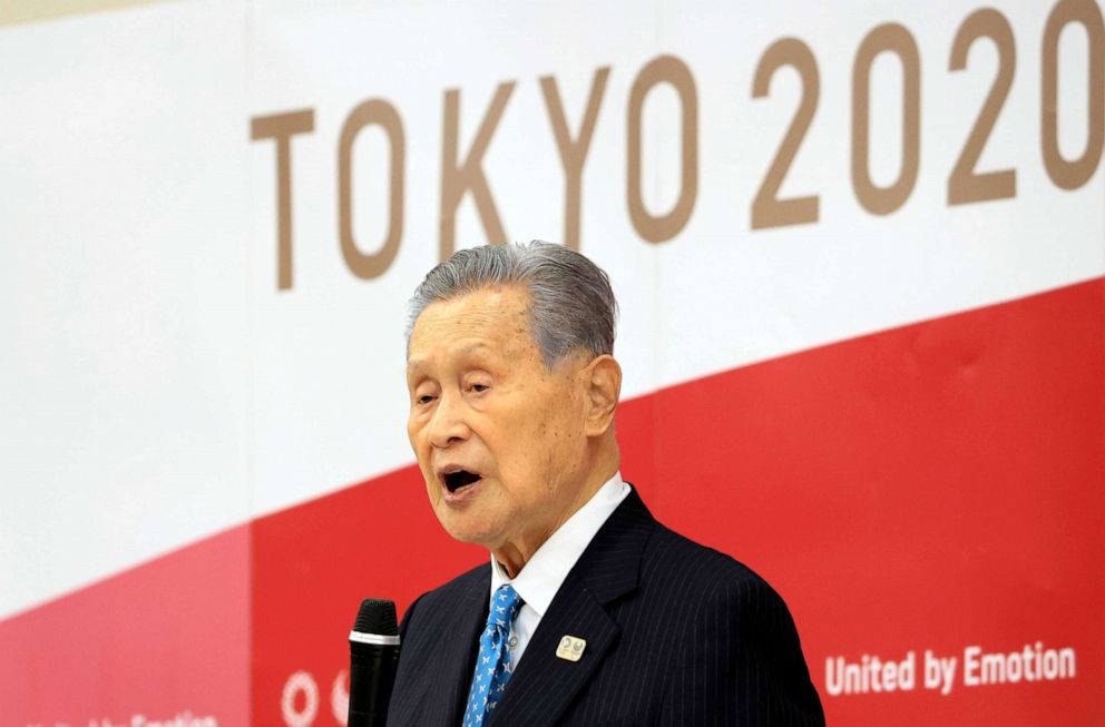 PHOTO: Olympics organizing committee president Yoshiro Mori announces his resignation at a meeting with council and executive board members at the committee headquarters in Tokyo on Feb. 12, 2021.