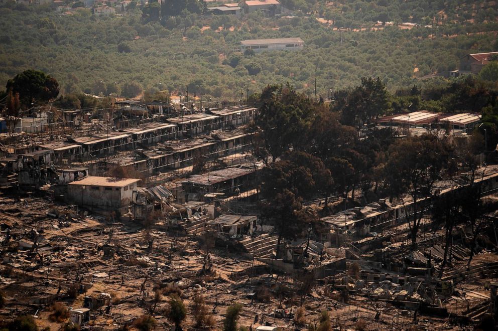 PHOTO: A picture taken on Sept. 16, 2020, shows the remains of the burnt Moria migrant camp on the Greek Aegean island of Lesbos, after it was destroyed by a major fire on the night of September 8.