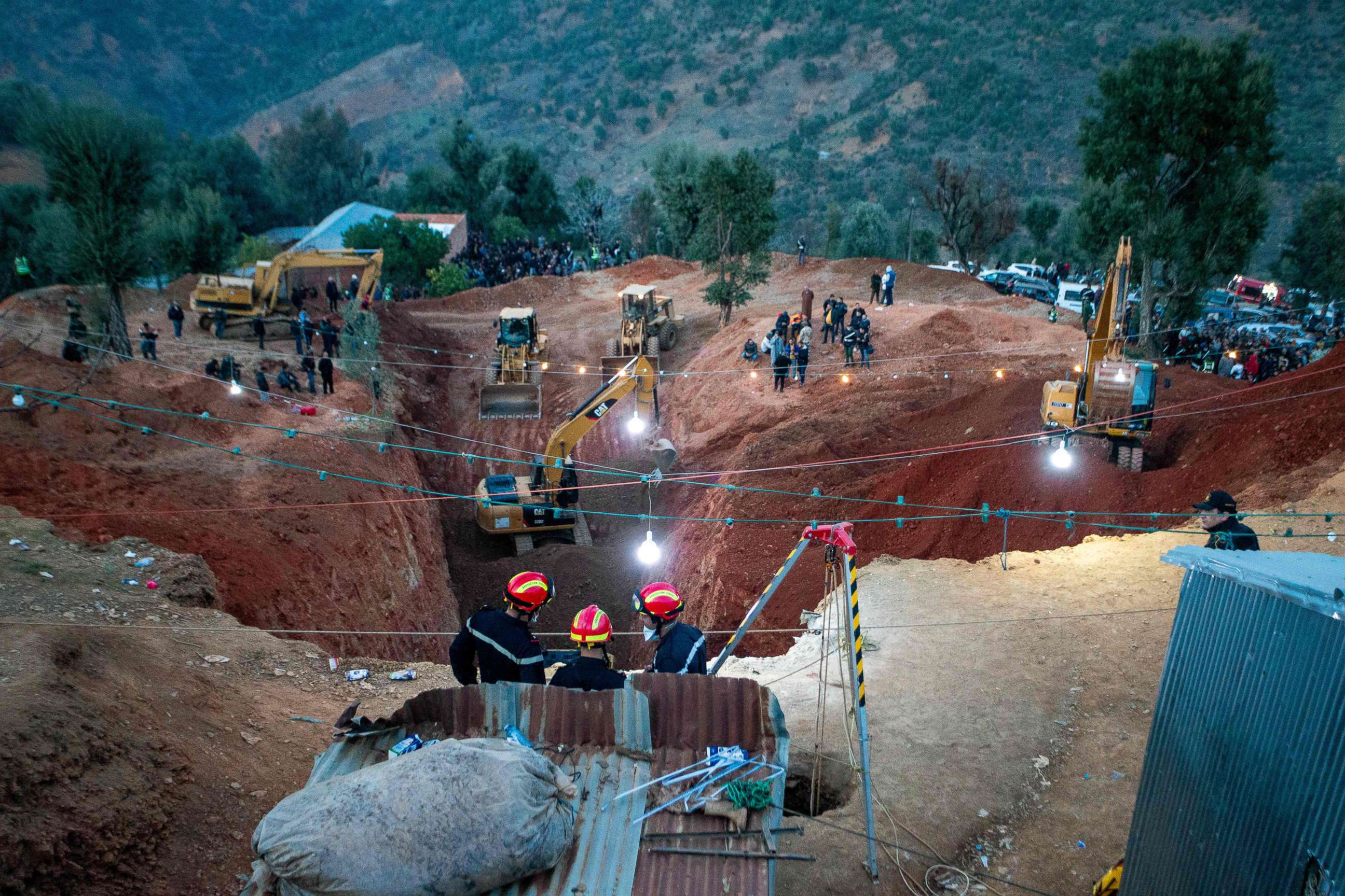 PHOTO: Moroccan authorities and firefighters work to rescue a five-year-old boy named Rayan, who fell into a deep well two days prior, near Bab Berred in Morocco's rural northern province of Chefchaouen, Feb. 3, 2022.