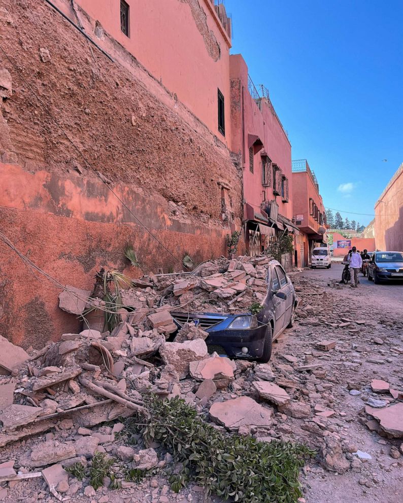 PHOTO: A damaged vehicle is pictured in the historic city of Marrakech, following a powerful earthquake in Morocco, Sept. 9, 2023.