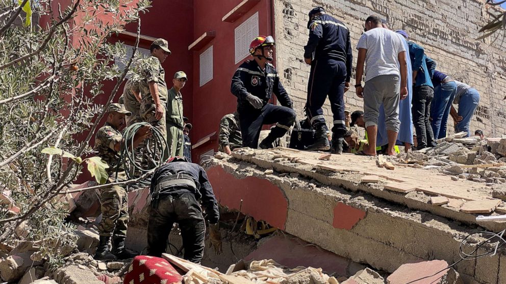 PHOTO: Rescuers carry a search operation following a powerful earthquake, in Amizmiz, in Morocco, Sept. 9, 2023.