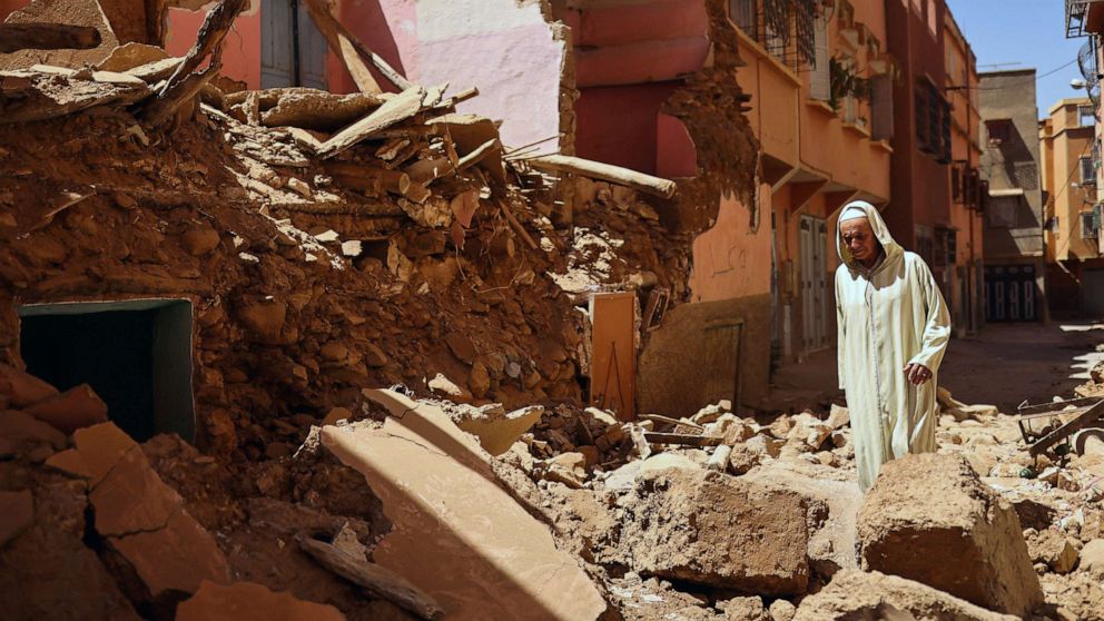 PHOTO: Mohamed Sebbagh, 66, stands in front of his destroyed house, in the aftermath of a deadly earthquake, in Amizmiz, Morocco, Sept. 10, 2023.