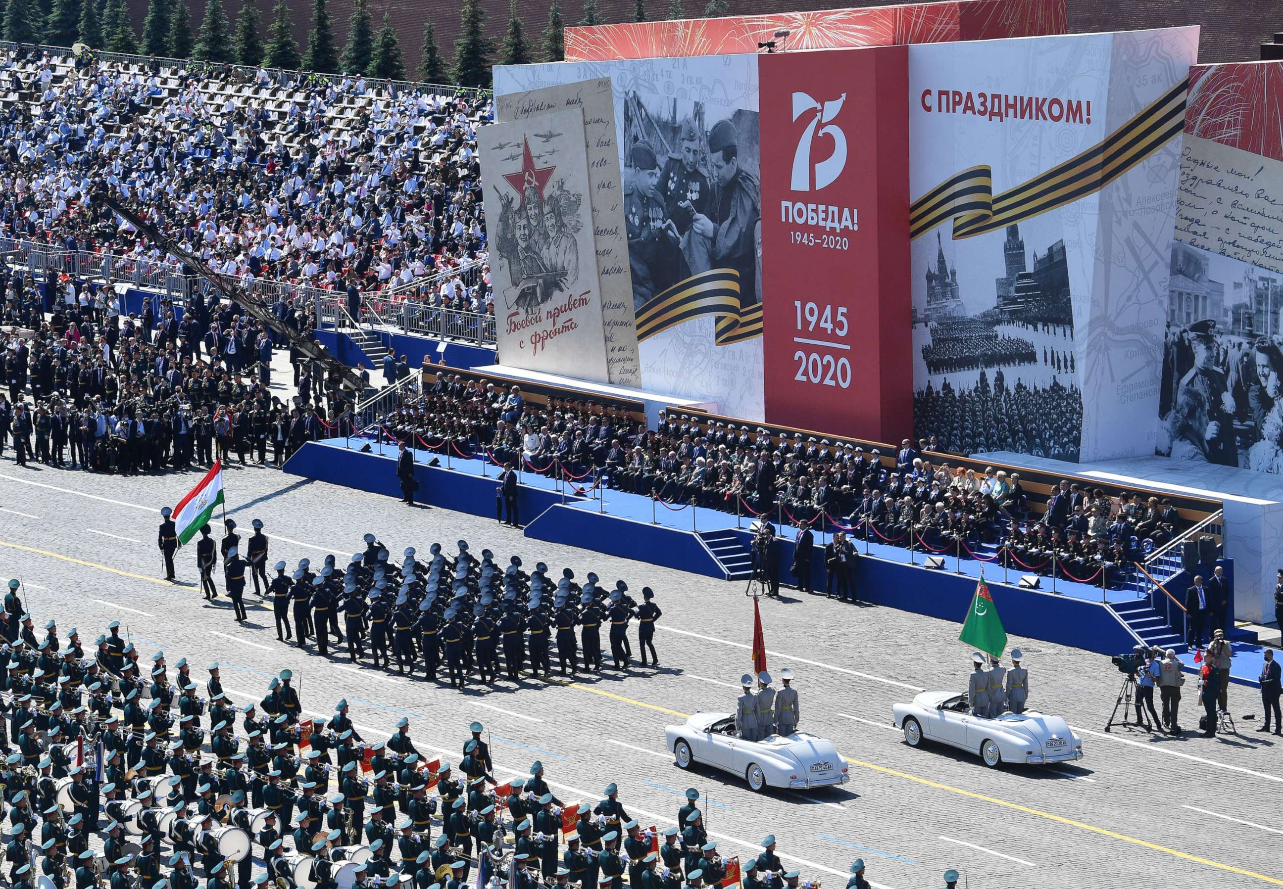 PHOTO: Tajikistan and Turkmenstan servicemen march during the Victory Day military parade in Red Square marking the 75th anniversary of the victory in World War II, on June 24, 2020, in Moscow.