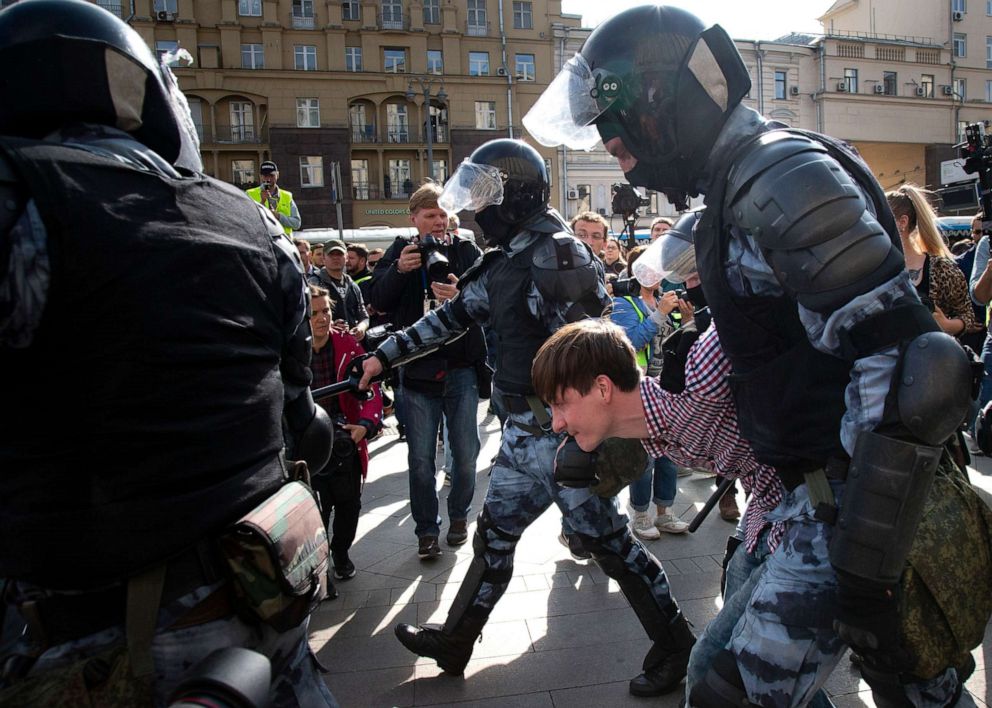 PHOTO: Police officers detain a protestor, during an unsanctioned rally in the center of Moscow, Russia, Aug. 3, 2019.