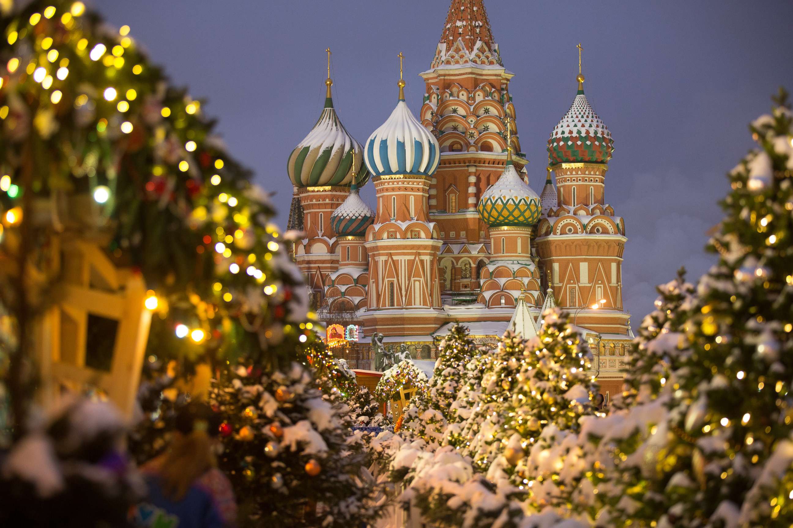 PHOTO: St. Basil's Cathedral stands among holiday decorations on Red Square in Moscow, on Dec. 27, 2018.