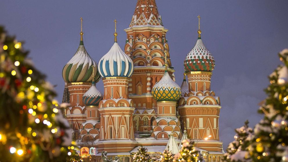 PHOTO: St. Basil's Cathedral stands among holiday decorations on Red Square in Moscow, on Dec. 27, 2018.