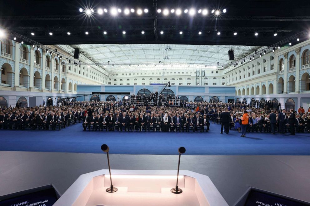 PHOTO: Participants gather to listen Russian President Vladimir Putin's annual state of the nation address in Moscow, Russia, Feb. 21, 2023.