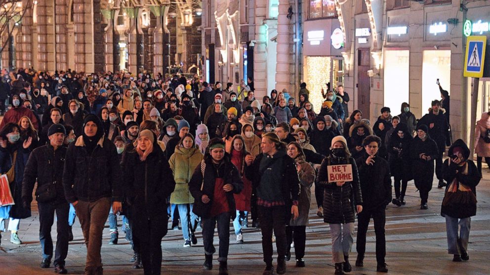 PHOTO: People protest against the special military operation in Ukraine on Pushkin Square in Moscow, Feb. 24, 2022.