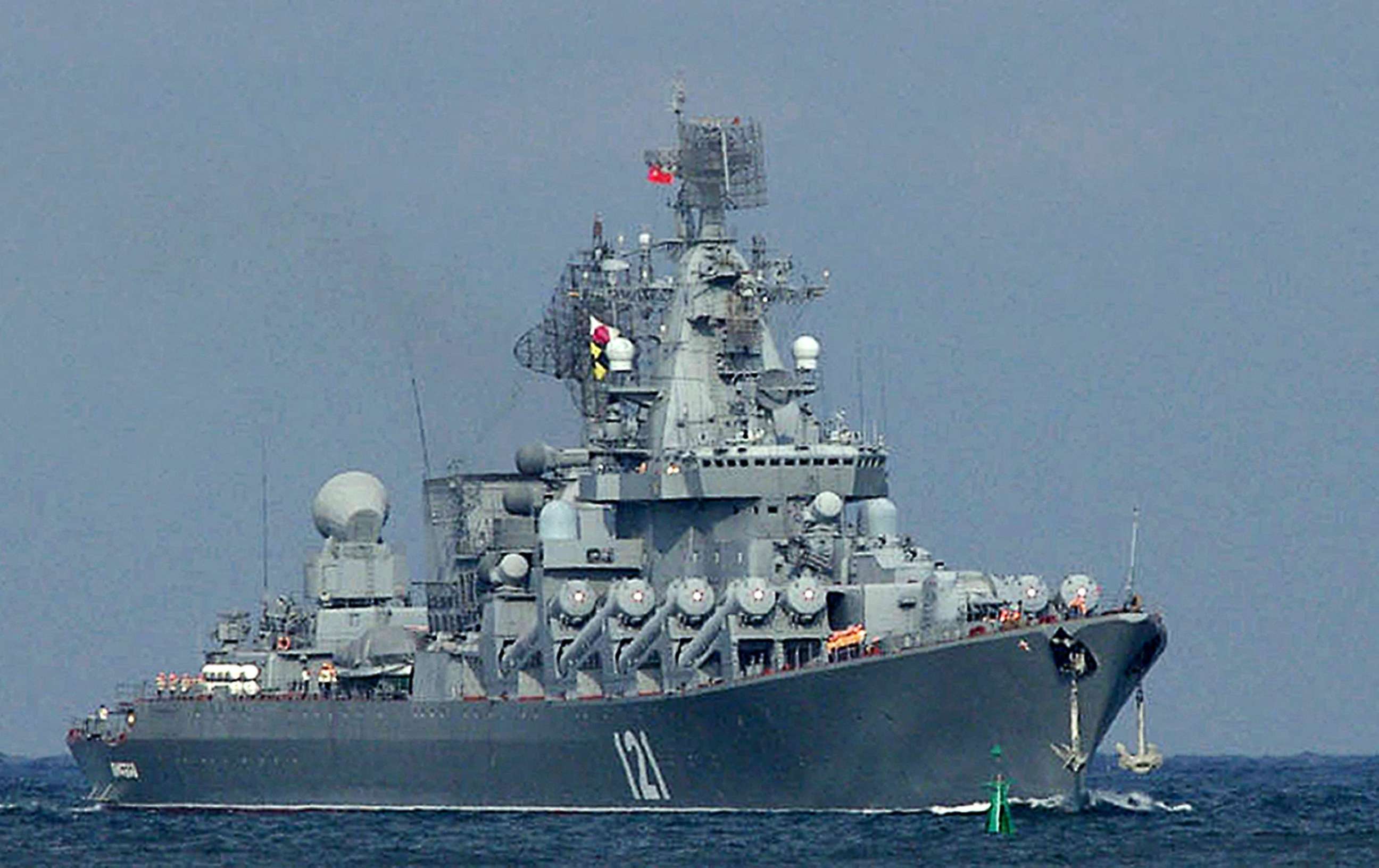 PHOTO: (FILES) This file photo taken on August 29, 2013 shows the Moskva, missile cruiser flagship of Russian Black Sea Fleet, entering Sevastopol bay.