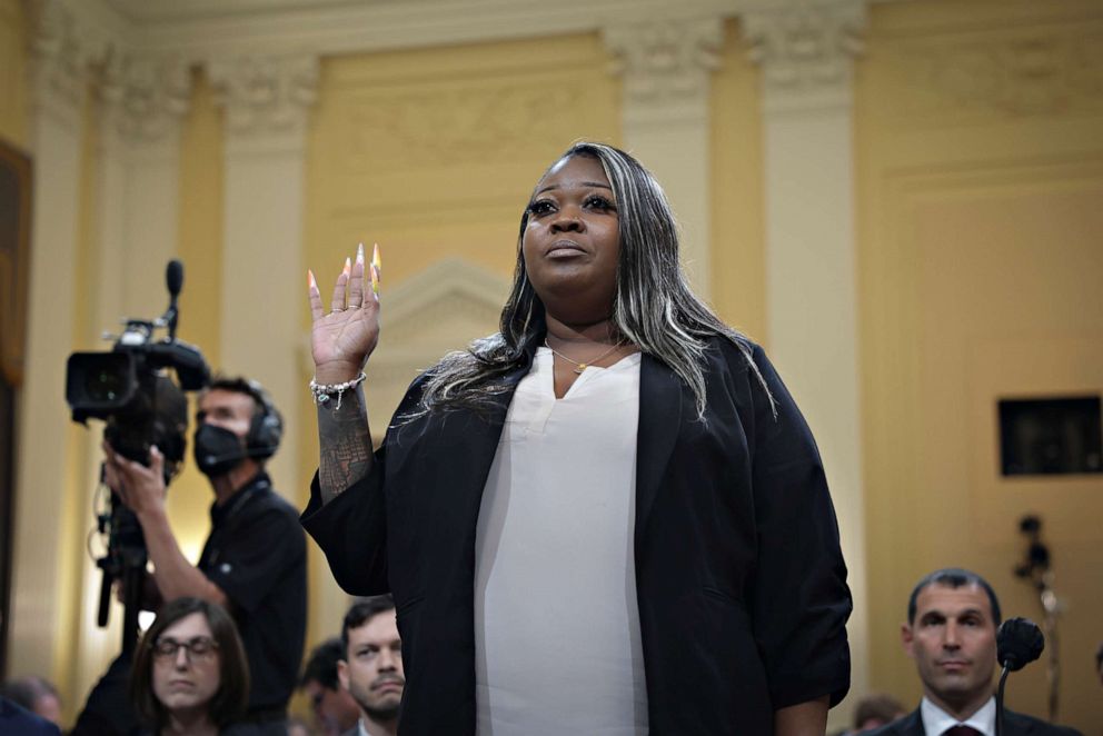 PHOTO: Wandrea ArShaye "Shaye" Moss, former Georgia election worker, is sworn in prior to testifying during the fourth hearing of the January 6th investigation at the U.S. Capitol on June 21, 2022 in Washington.
