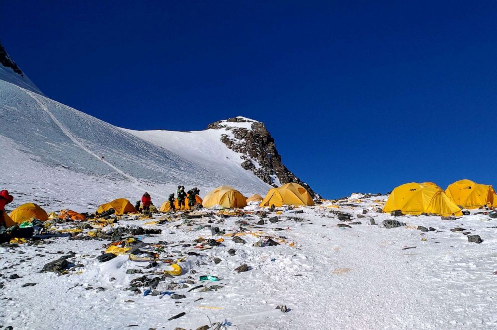 PHOTO: Discarded climbing equipment and rubbish scattered around Camp 4 of Mount Everest, May 21, 2018.