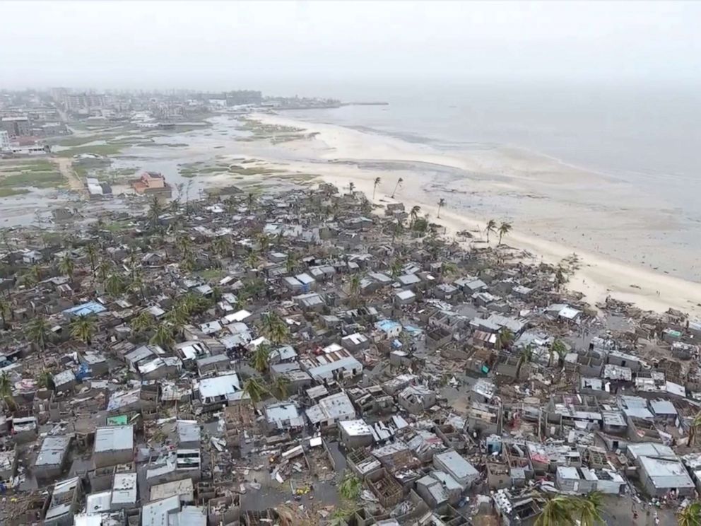 PHOTO: Drone footage shows destruction after Cyclone Idai in the settlement of Praia Nova, which sits on the edge of Beira, Mozambique, March 18, 2019 in this still image taken from a social media video, March 19, 2019.