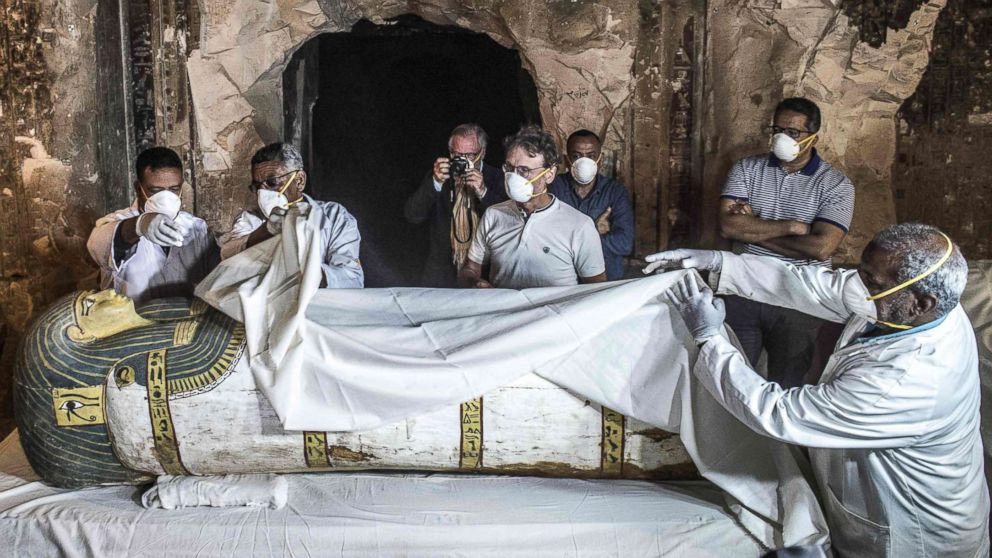 PHOTO: Egypt's Antiquities Minister and the Secretary General of the Supreme Council of Antiquities, inspect an intact sarcophagus during its opening at the site of Tomb TT33 at Al-Assasif necropolis in the southern Egyptian city of Luxor, Nov. 24, 2018.