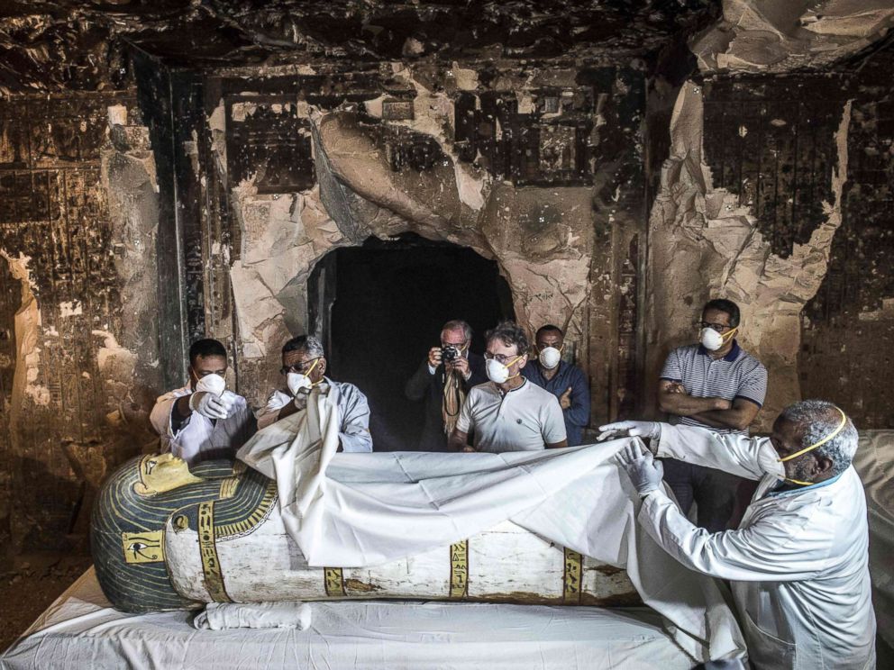 PHOTO: Egypts Antiquities Minister and the Secretary General of the Supreme Council of Antiquities, inspect an intact sarcophagus during its opening at the site of Tomb TT33 at Al-Assasif necropolis in the southern Egyptian city of Luxor, Nov. 24, 2018.