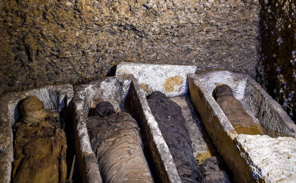 PHOTO: A newly-discovered mummies wrapped in linen found in burial chambers dating to the Ptolemaic era (305-30 BC) at the necropolis of Tuna el-Gebel in Egypt, Feb.2, 2019.