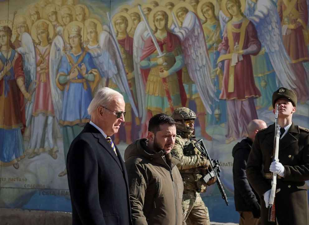 PHOTO: President Joe Biden and Ukraine's President Volodymyr Zelenskyy walk next to Saint Michael's cathedral, amid Russia's attack on Ukraine, in Kyiv, Ukraine Feb. 20, 2023.