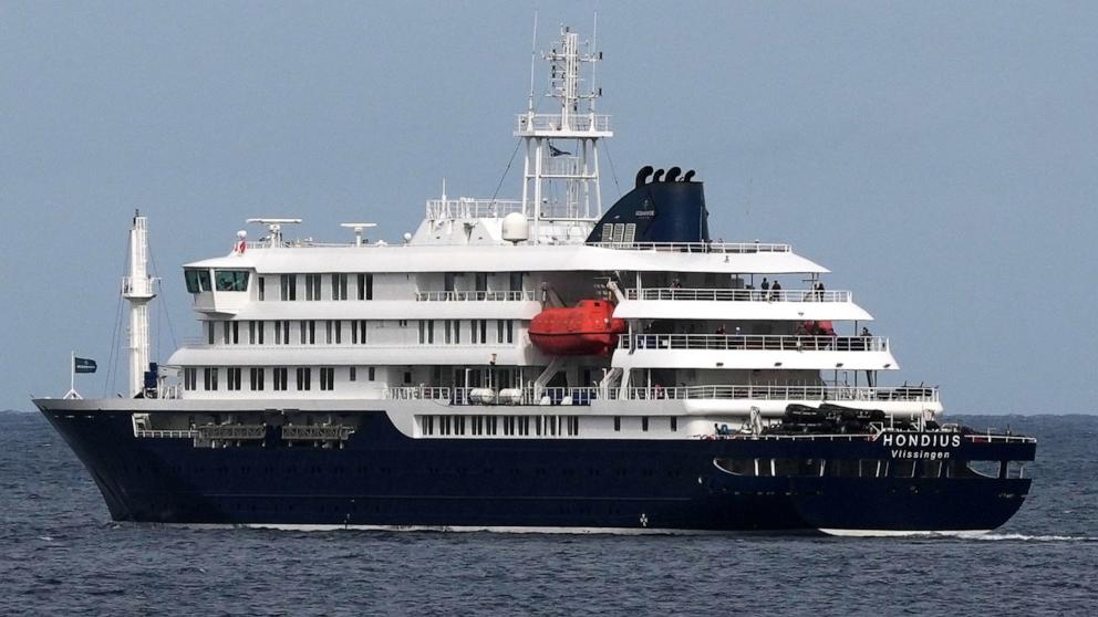 PHOTO: The MV Hondius cruise ship departs the port in Praia, Cape Verde, May 6, 2026.