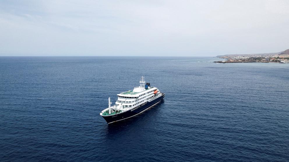 PHOTO: A drone view of the cruise ship MV Hondius, carrying passengers suspected of having cases of hantavirus on board, as it prepares to leave Praia, Cape Verde, May 6, 2026.