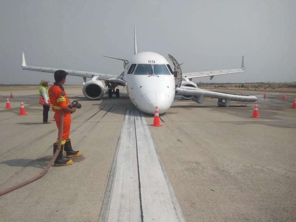 PHOTO: A Myanmar National Airlines flight to Mandalay International Airport landed without its front landing gear on Sunday, May 12, 2019. No one on the plane was injured.