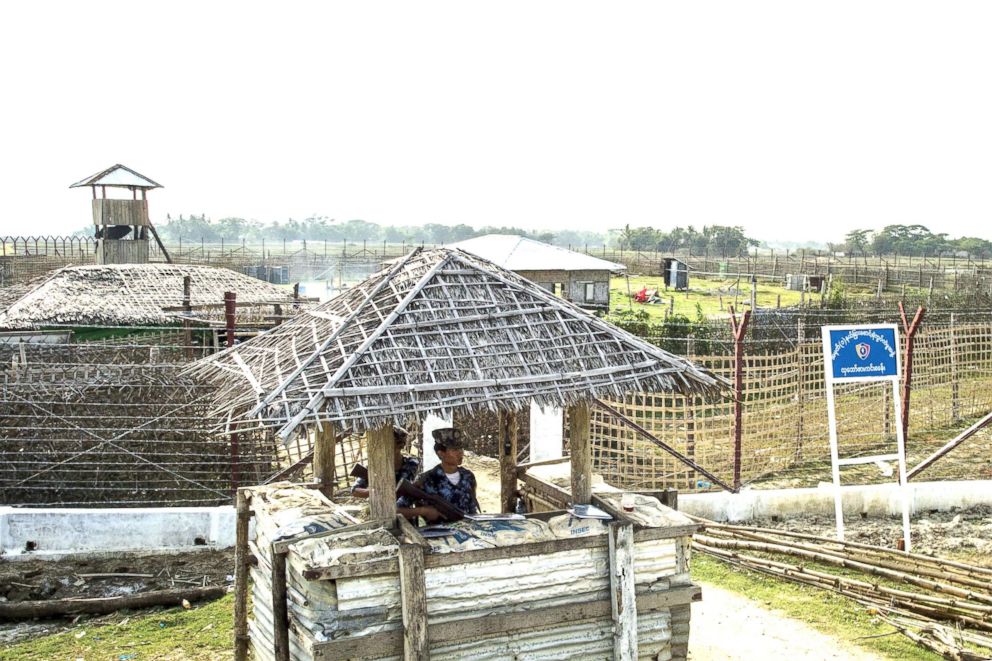 PHOTO: A Myanmar border guard police secures a police station near a processing camp for minority Rohingya Muslims in Maungdaw, Rakhine state near Bangladesh border, April 24, 2018. 
