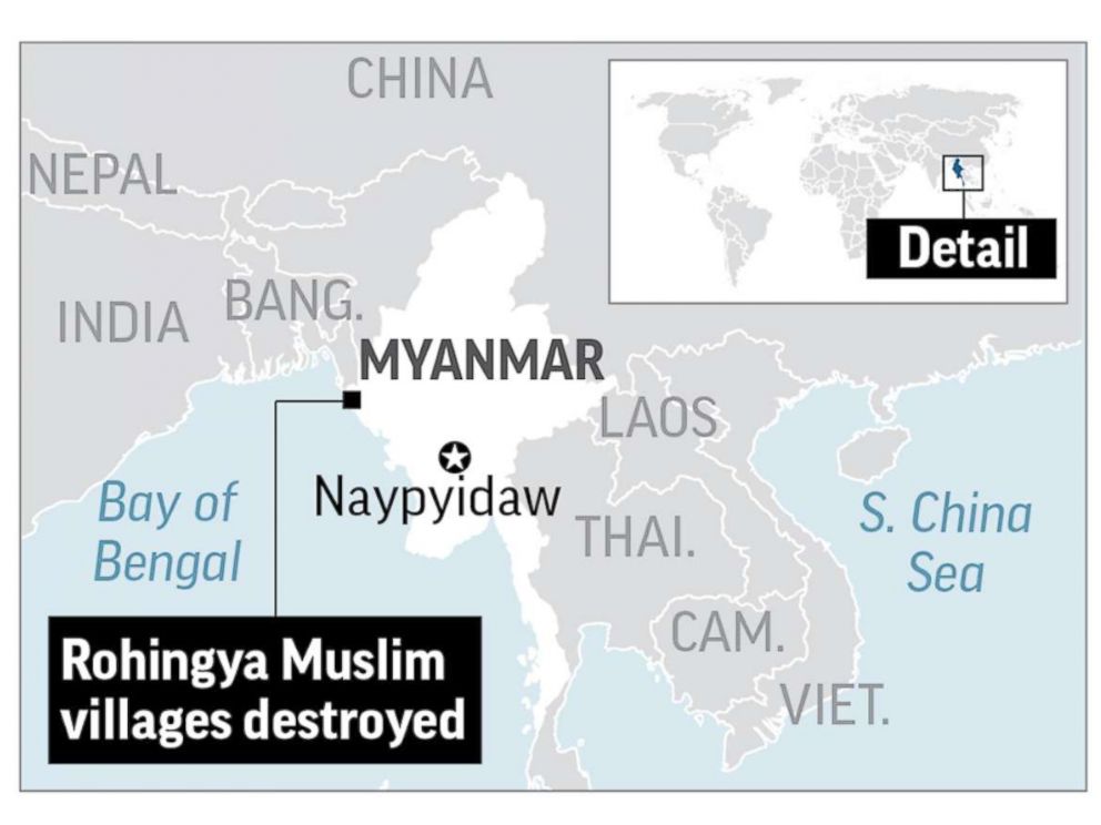 PHOTO: In a recent wave of violence, Myanmar security forces have been burning Rohingya Muslim villages in in the country’s Rakhine state."