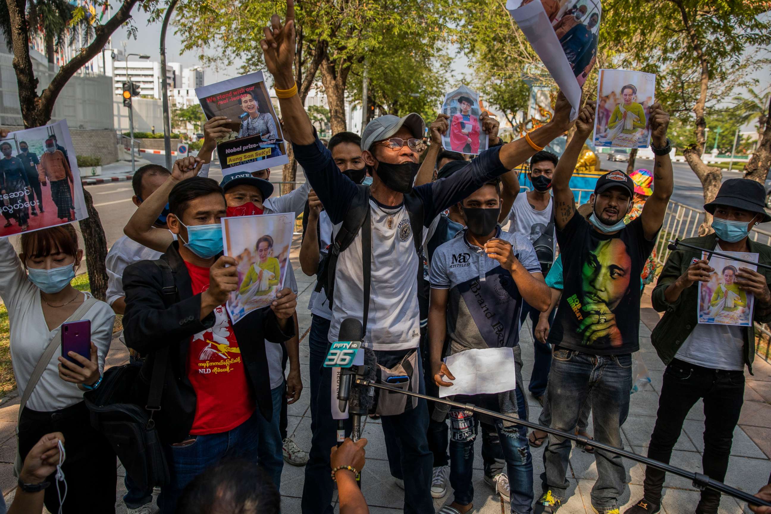PHOTO: BANGKOK, THAILAND - FEBRUARY 03: Myanmar protesters stage an anti-coup rally in front of the United Nations on February 03, 2021 in Bangkok, Thailand. 