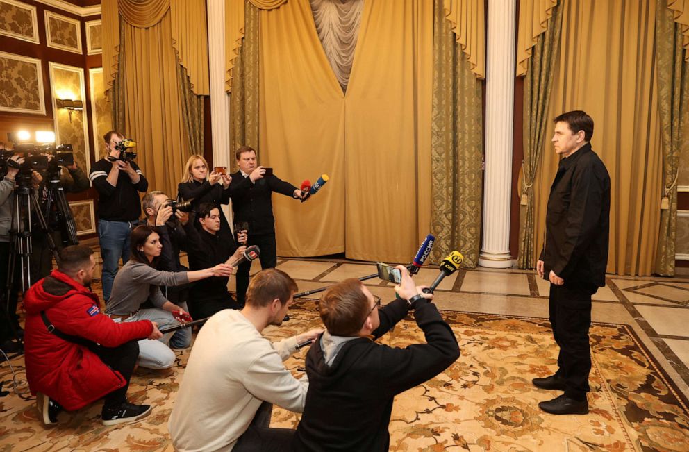 PHOTO: Ukraine's presidential adviser Mykhailo Podolyak from the Ukrainian delegation speaks after the talks in the Gomel region, Belarus, Feb. 28, 2022.