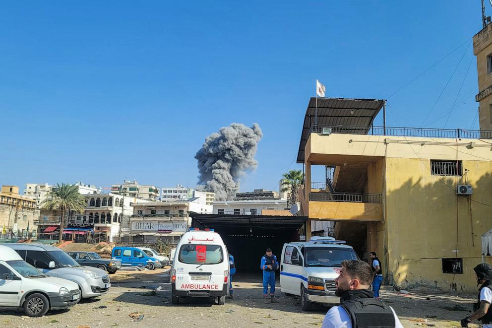 PHOTO: Smoke billows during Israeli airstrikes in the southern Lebanese city of Nabatiyeh on Oct. 16, 2024