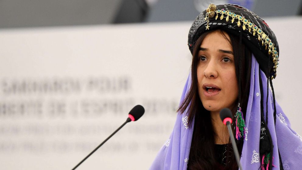 PHOTO: Nadia Murad, public advocate for the Yazidi community in Iraq and survivor of sexual enslavement by the Islamic State jihadists, delivers a speech at the European parliament, Dec. 13, 2016, in Strasbourg, France.