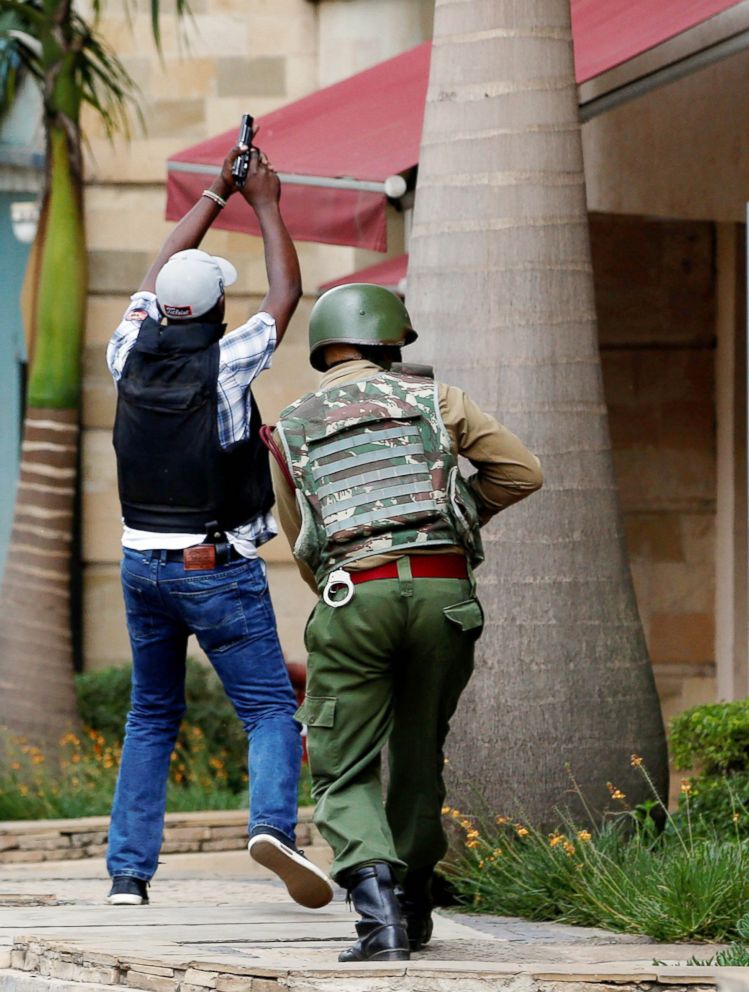 PHOTO: Members of security forces are seen at the scene where explosions and gunshots were heard at the Dusit hotel compound, in Nairobi, Kenya, Jan. 15, 2019.