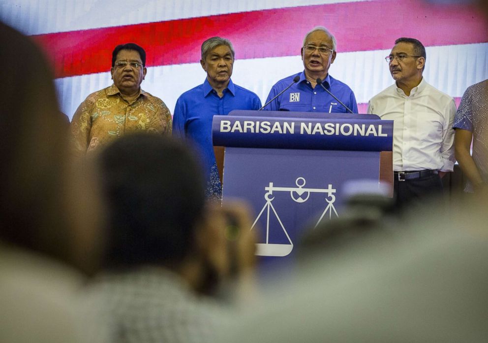 PHOTO: Najib Razak, outgoing Malaysian prime minister, concedes the election to opposition leader and former prime minister Mahathir Mohamed during a press conference on May 10, 2018, in Kuala Lumpur.
