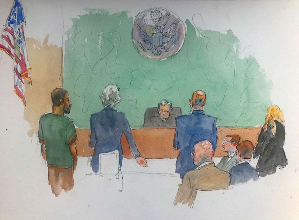 PHOTO: In this courtroom drawing, Najibullah Zazi, left appears at federal court in the Brooklyn borough of New York, Thursday, May 2, 2019.