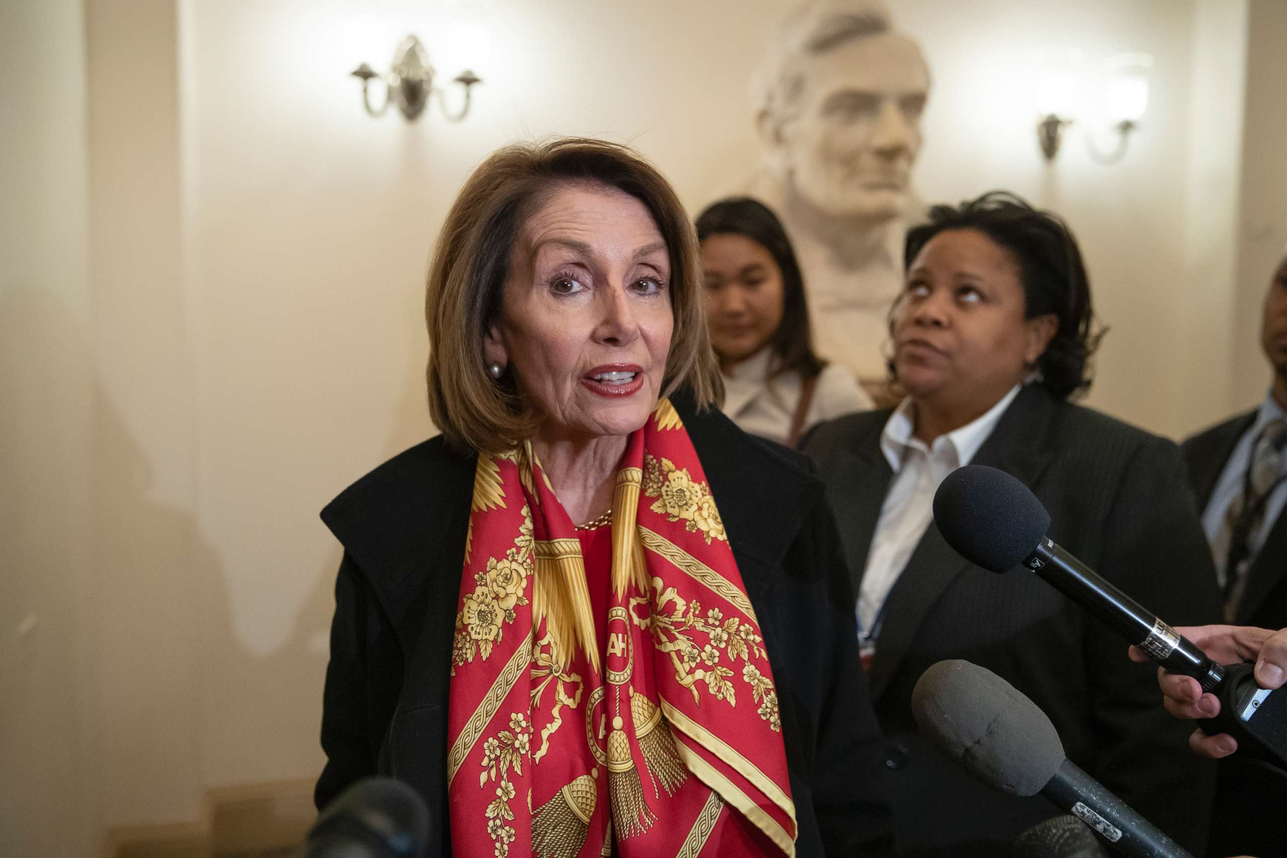 PHOTO: Speaker of the House Nancy Pelosi responds to reporters after officially postponing President Donald Trump's State of the Union address until the government is fully reopened, at the Capitol in Washington, Jan. 23, 2019.