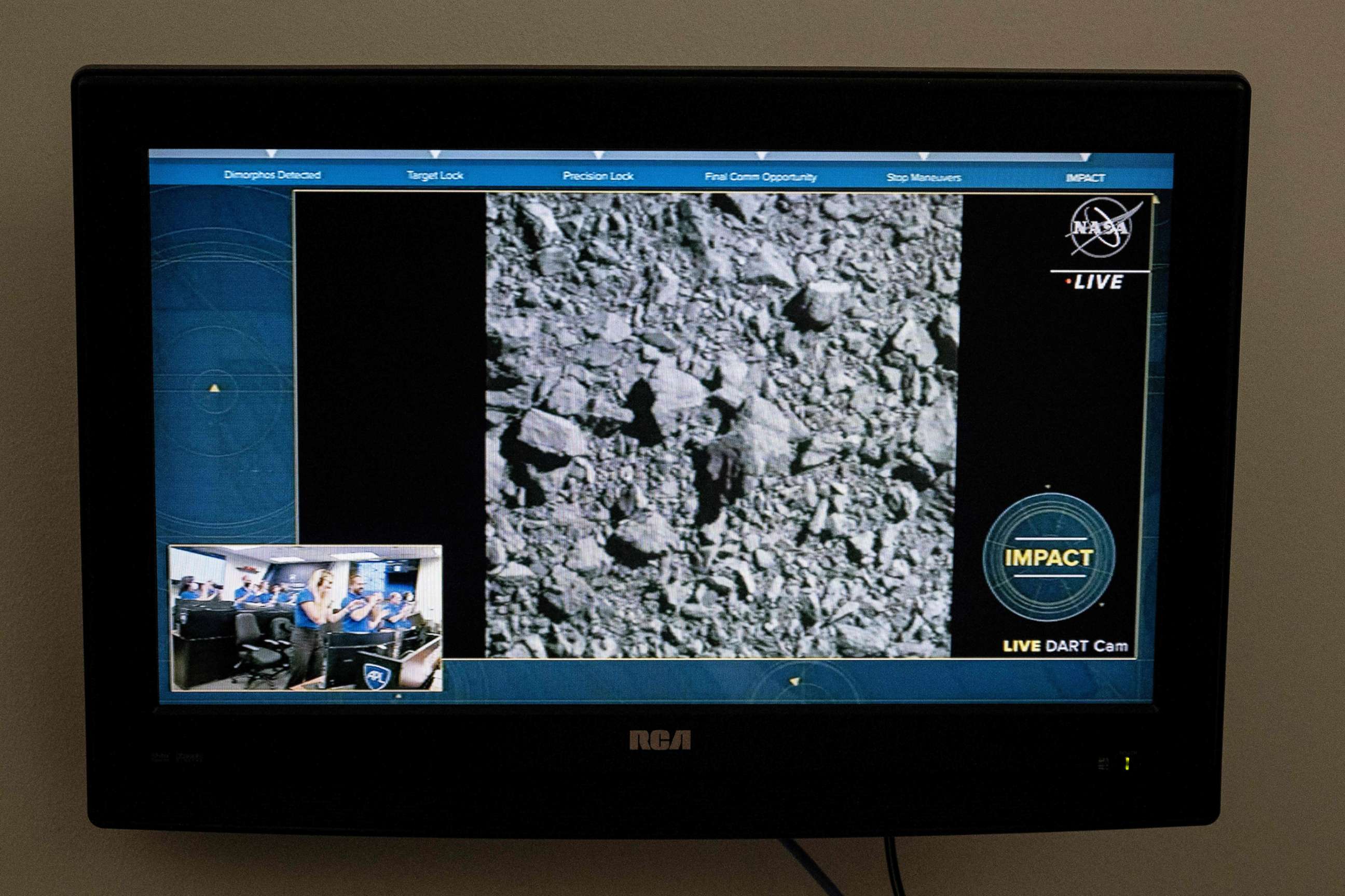 PHOTO: A television at NASA's Kennedy Space Center in Cape Canaveral, Florida, captures the final images from the Double Asteroid Redirection Test (DART) as it smashes into the asteroid Dimorphos, Sept. 26, 2022.