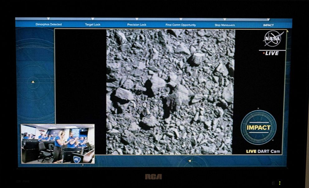 PHOTO: A television at NASA's Kennedy Space Center in Cape Canaveral, Florida, captures the final images from the Double Asteroid Redirection Test (DART) as it smashes into the asteroid Dimorphos, Sept. 26, 2022.