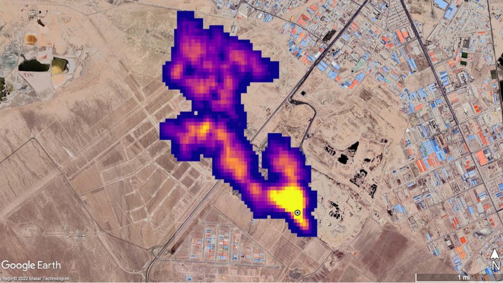 PHOTO: In this handout image released Oct. 25, 2022, imaging of a methane plume at least 3 miles (4.8 km) long rising from a major landfill, south of Tehran, Iran, captured by NASA's orbital imaging spectrometer, is overlaid on a satellite photo.