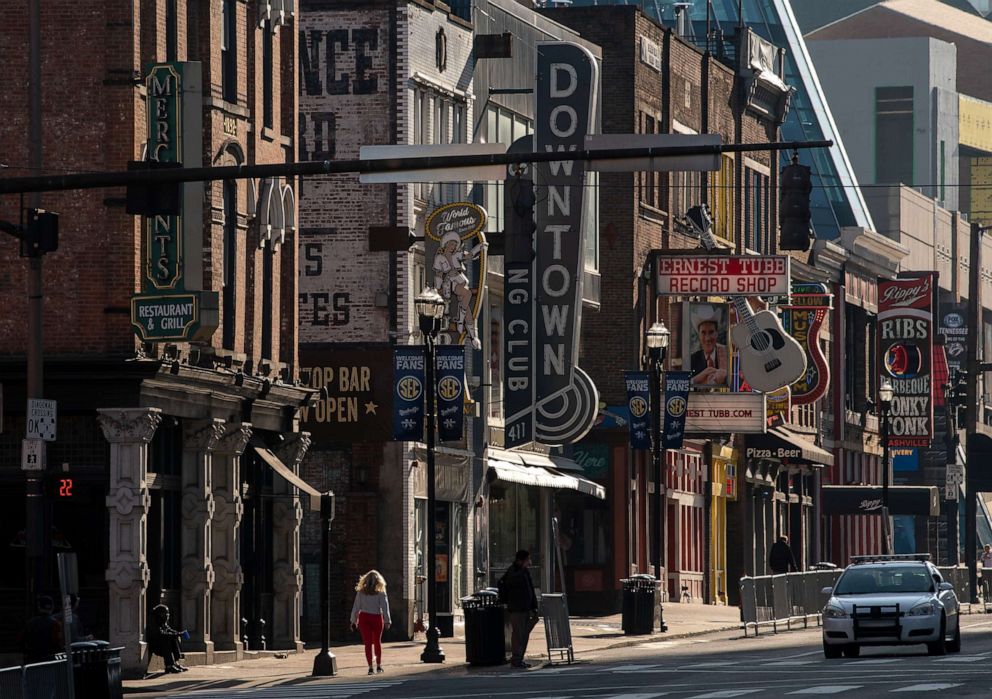 PHOTO: Lower Broadway is mostly deserted in downtown Nashville, Tenn., March 25, 2020, during the coronavirus outbreak.