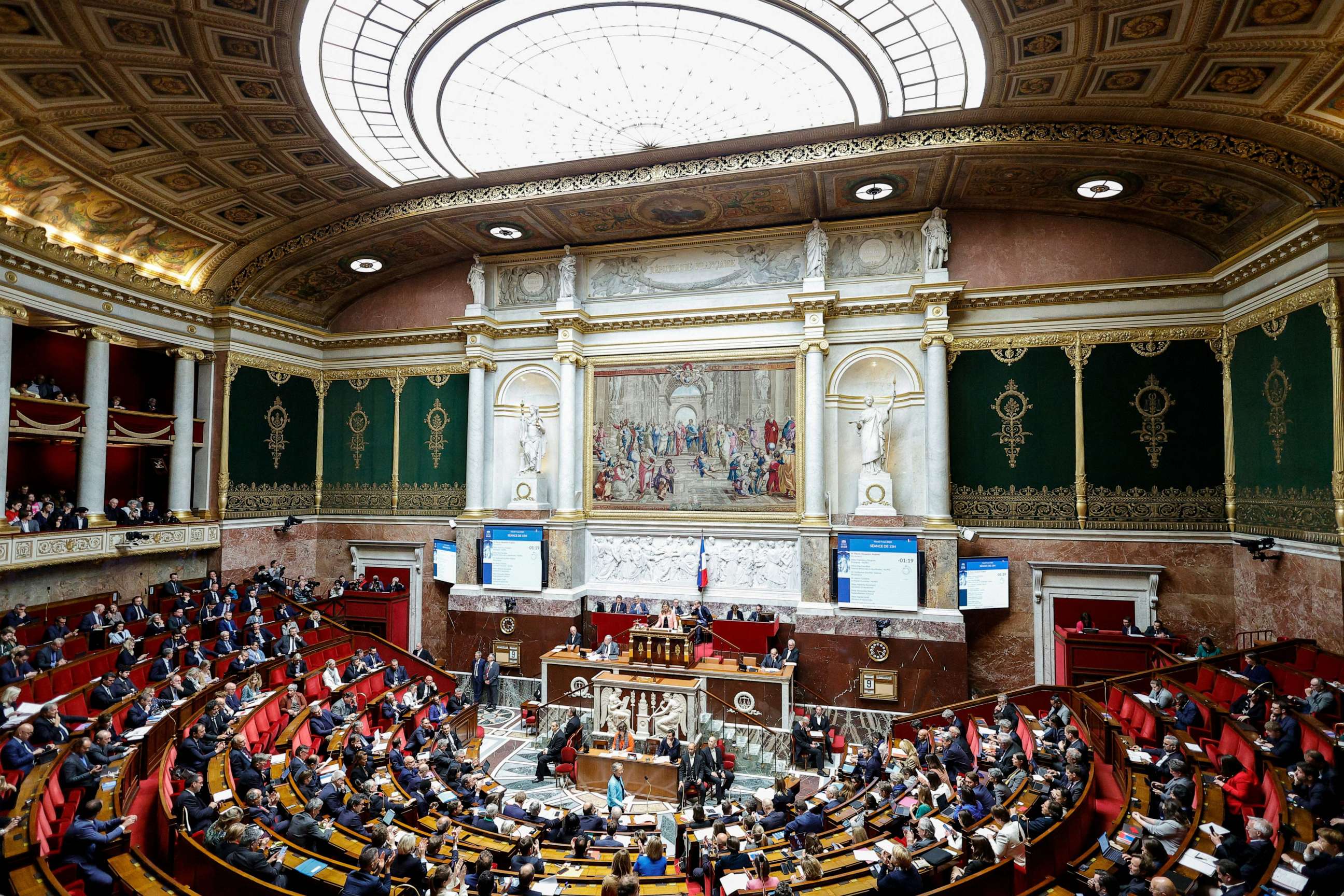PHOTO: General view of the French National Assembly chamber in Paris, May 9, 2023.