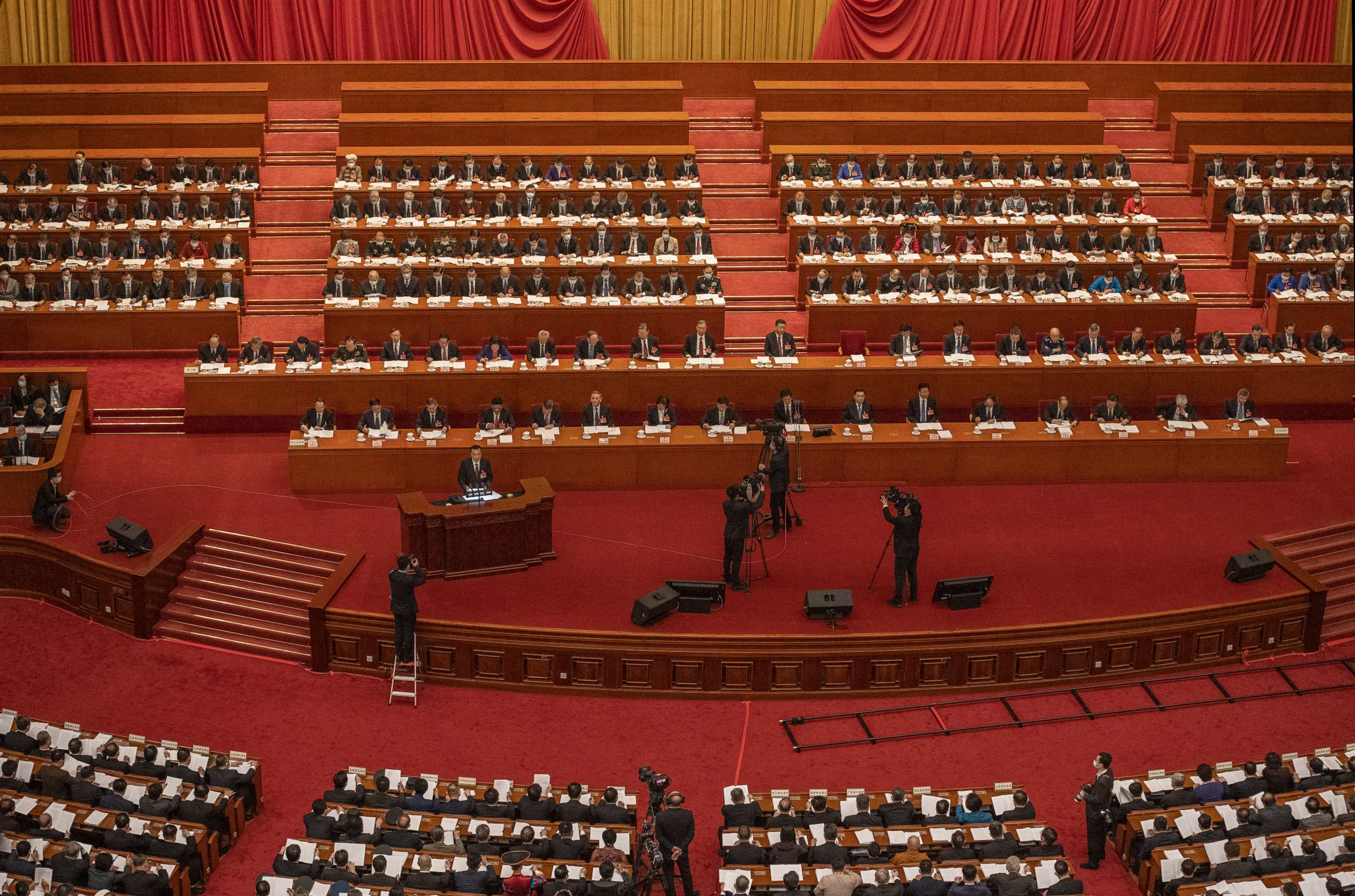 PHOTO: Chinese Premier Li  Keqiang speaks at the opening session of the National People's Congress at the Great Hall of the People on March 5, 2021 in Beijing, China. 