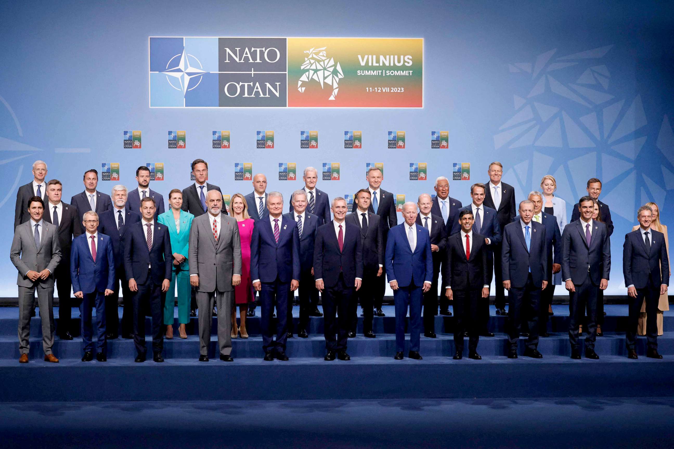 PHOTO: Lithuania's President Gitanas Nauseda (CL), NATO Secretary General Jens Stoltenberg (CR) and NATO Foreign Ministers pose for a family photograph during the NATO summit, in Vilnius on July 11, 2023.
