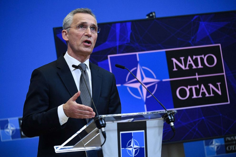 PHOTO: Secretary General Jens Stoltenberg talks during a press conference after the extraordinary meeting of NATO foreign ministers on Russia-Ukraine tensions at the NATO headquarters in Brussels, Jan. 7, 2022. 