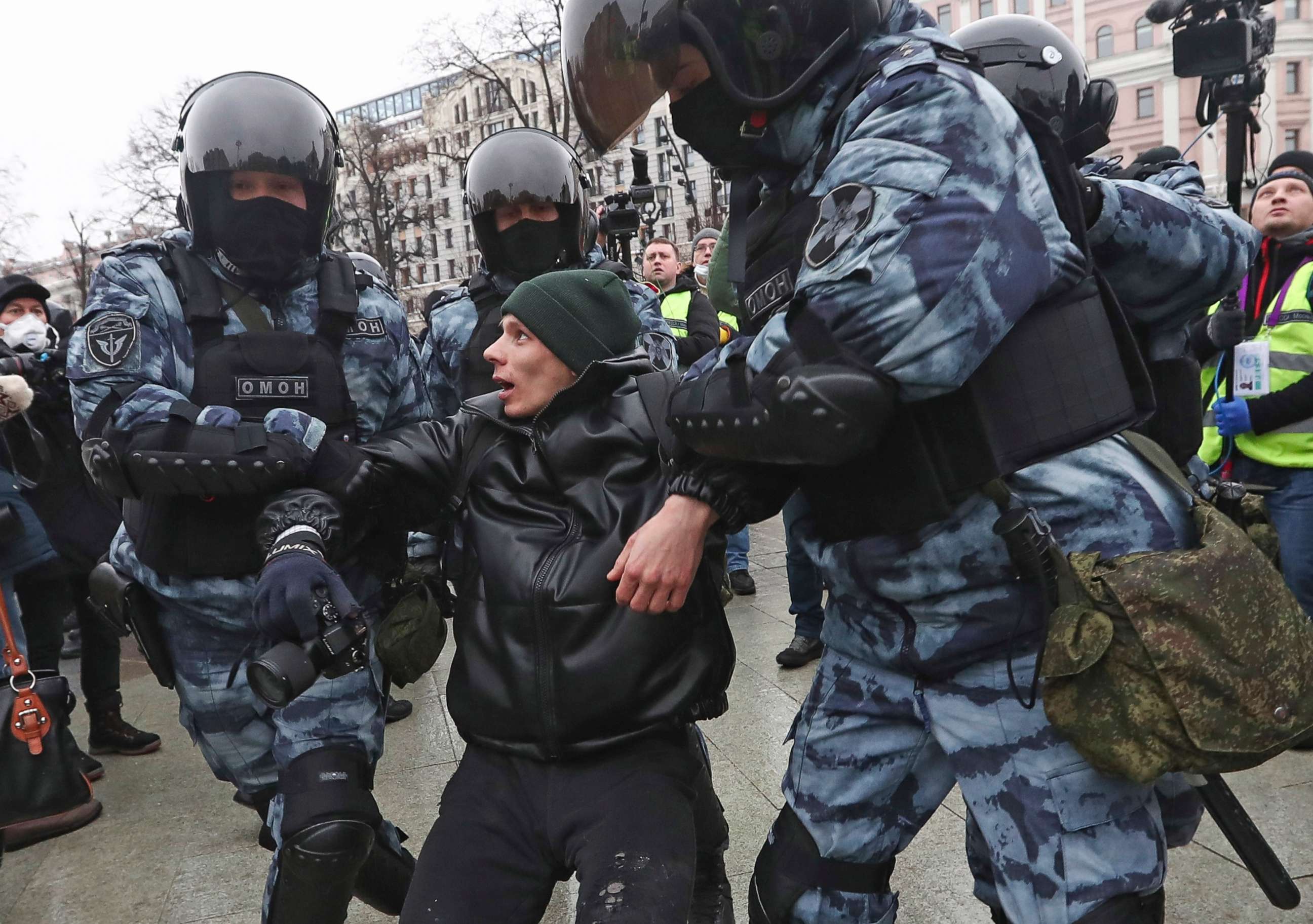 PHOTO: Police detain a man during a protest against the jailing of opposition leader Alexei Navalny in Moscow, Jan. 23, 2021. Russian police arrested hundreds of protesters who took to the streets to demand the release of Alexei Navalny.
