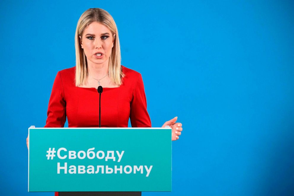 PHOTO: Opposition figure Lyubov Sobol holds a press conference on the arrest of opposition leader Alexei Navalny and recent protests across the country to demand his release, at the office of Navalny's Anti-Corruption Foundation in Moscow, Jan. 26, 2021. 